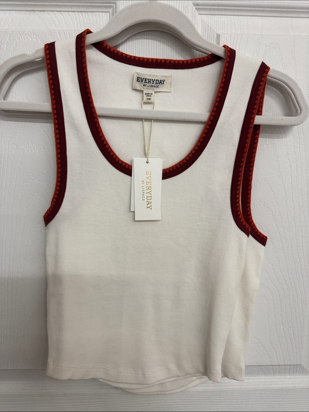 l*space White Ribbed Tank with Rust Trim
